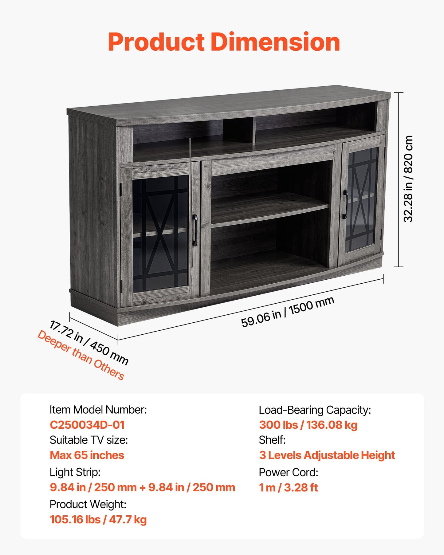 TV Stand for TVs up to 65 inch, Farmhouse Entertainment Center with Light Strip, Wooden TV Cabinet Storage with Glass Doors and Adjustable Shelves, Console Table for Living Room, Bedroom, Gray