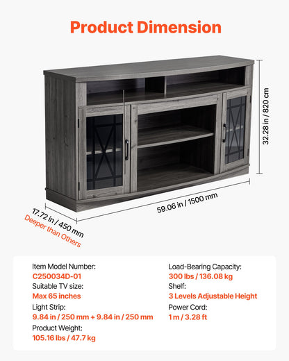 TV Stand for TVs up to 65 inch, Farmhouse Entertainment Center with Light Strip, Wooden TV Cabinet Storage with Glass Doors and Adjustable Shelves, Console Table for Living Room, Bedroom, Gray
