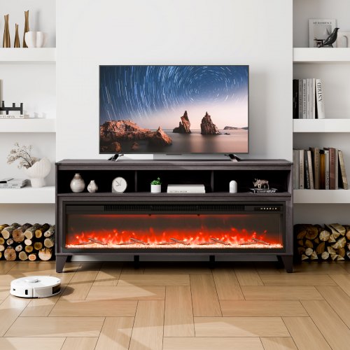 80" Fireplace TV Stand, Media Storage Corner with 60" Fireplace, Storage Drawers & Cabinets, Industrial Style TV Console Table with 20 Flames, Remote Control & Timer for Living Room, Black