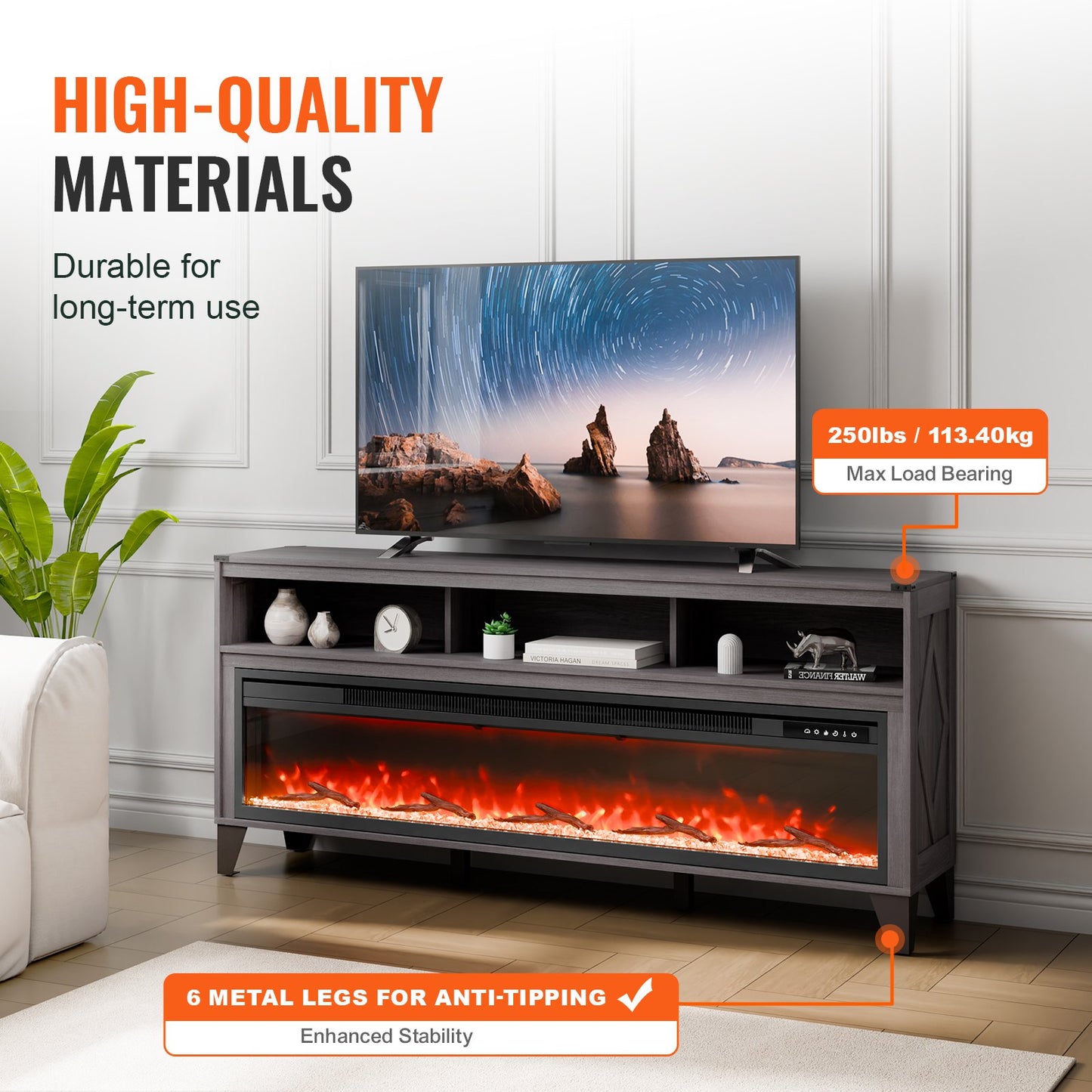 80" Fireplace TV Stand, Media Storage Corner with 60" Fireplace, Storage Drawers & Cabinets, Industrial Style TV Console Table with 20 Flames, Remote Control & Timer for Living Room, Black