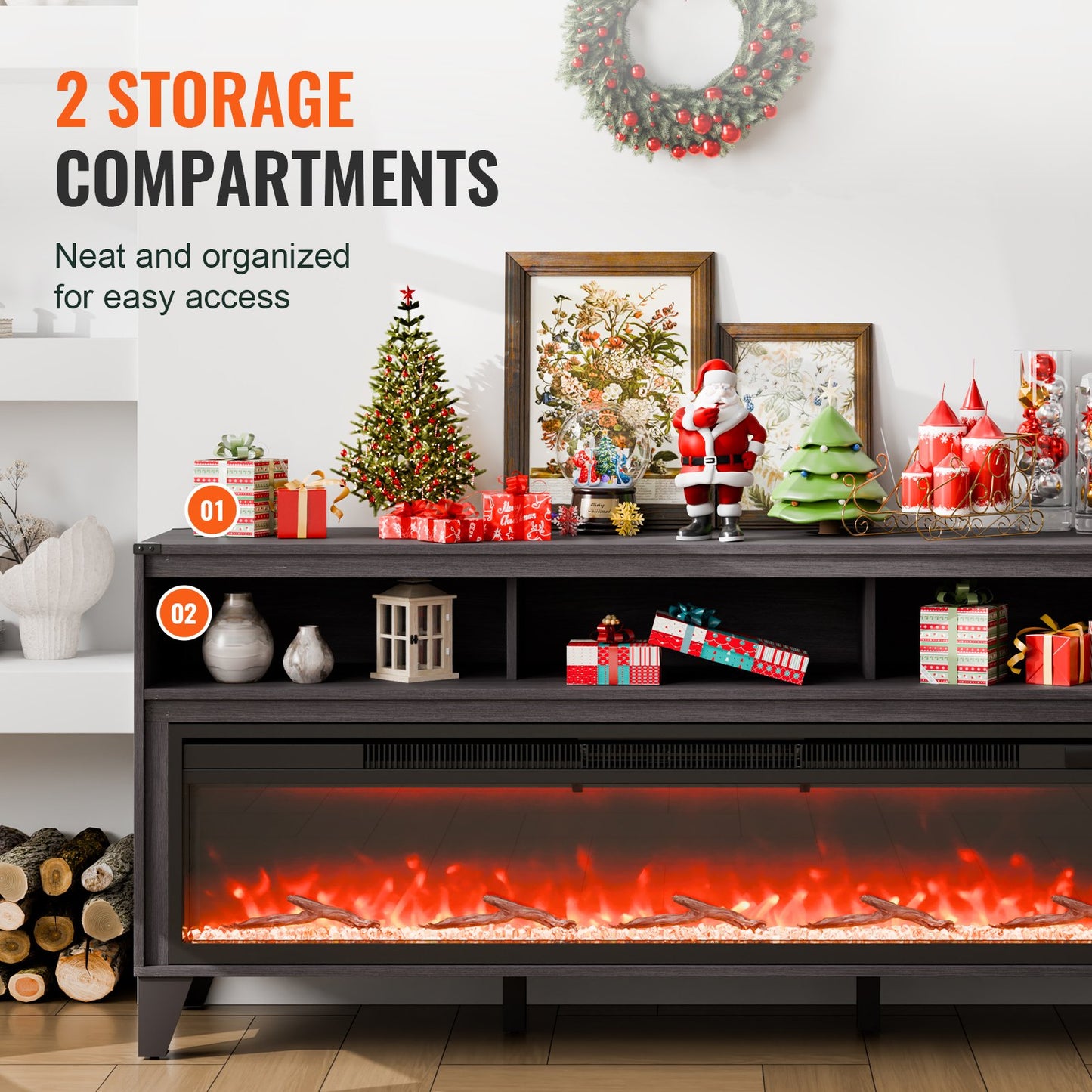 80" Fireplace TV Stand, Media Storage Corner with 60" Fireplace, Storage Drawers & Cabinets, Industrial Style TV Console Table with 20 Flames, Remote Control & Timer for Living Room, Black