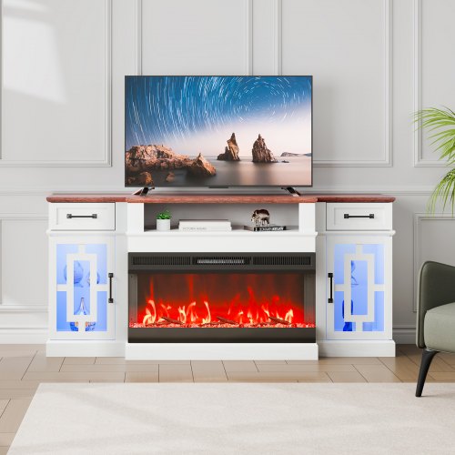 80" Fireplace TV Stand, Media Storage Corner with 36" Fireplace, Storage Drawers & Cabinets, Vintage TV Console Table with 20 LED Lights, Remote Control & Timer for Living Room, Brown & White