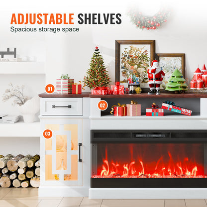 80" Fireplace TV Stand, Media Storage Corner with 36" Fireplace, Storage Drawers & Cabinets, Vintage TV Console Table with 20 LED Lights, Remote Control & Timer for Living Room, Brown & White