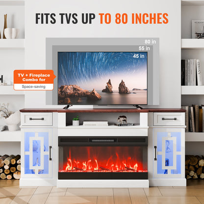 80" Fireplace TV Stand, Media Storage Corner with 36" Fireplace, Storage Drawers & Cabinets, Vintage TV Console Table with 20 LED Lights, Remote Control & Timer for Living Room, Brown & White
