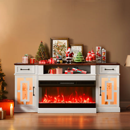 80" Fireplace TV Stand, Media Storage Corner with 36" Fireplace, Storage Drawers & Cabinets, Vintage TV Console Table with 20 LED Lights, Remote Control & Timer for Living Room, Brown & White