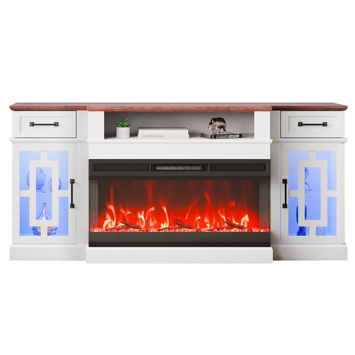 80" Fireplace TV Stand, Media Storage Corner with 36" Fireplace, Storage Drawers & Cabinets, Vintage TV Console Table with 20 LED Lights, Remote Control & Timer for Living Room, Brown & White