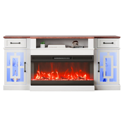 80" Fireplace TV Stand, Media Storage Corner with 36" Fireplace, Storage Drawers & Cabinets, Vintage TV Console Table with 20 LED Lights, Remote Control & Timer for Living Room, Brown & White