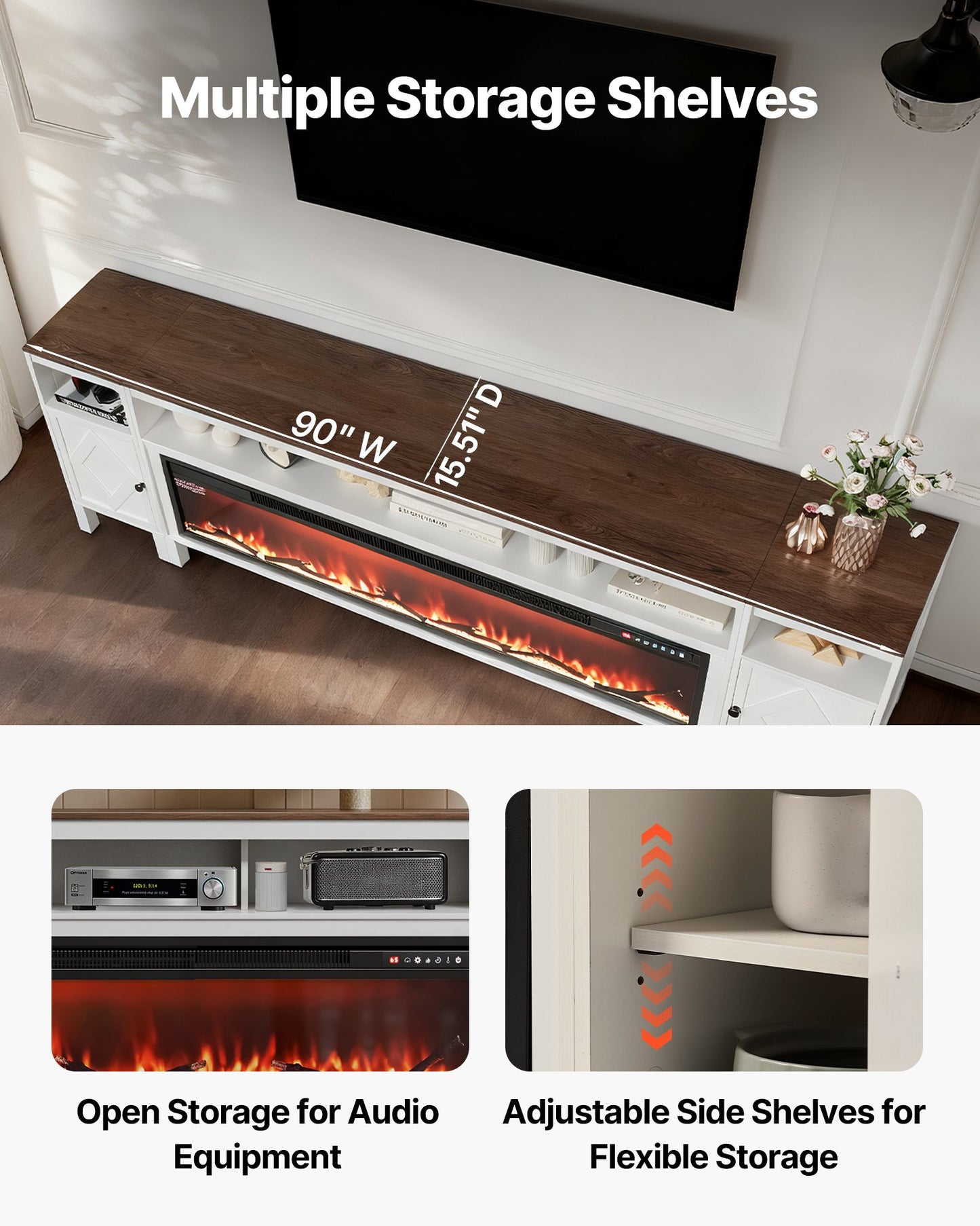 Fireplace TV Stand, Farmhouse Fireplace TV Stand for TVs up to 100 inch, Farmhouse Entertainment Center with 60 inch Fireplace & Storage Drawers for Living Room Bedroom, Remote Control, White