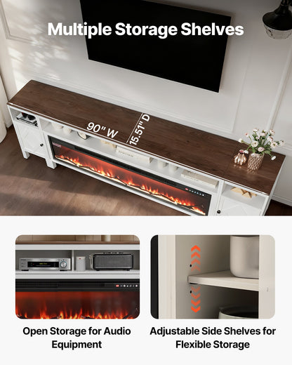 Fireplace TV Stand, Farmhouse Fireplace TV Stand for TVs up to 100 inch, Farmhouse Entertainment Center with 60 inch Fireplace & Storage Drawers for Living Room Bedroom, Remote Control, White