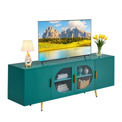 TV Stand for TVs up to 75 inch, Modern Entertainment Center with Glass Doors and Gold Legs, TV Cabinet Storage with Adjustable Shelves, Media Console Table for Living Room and Bedroom, Green