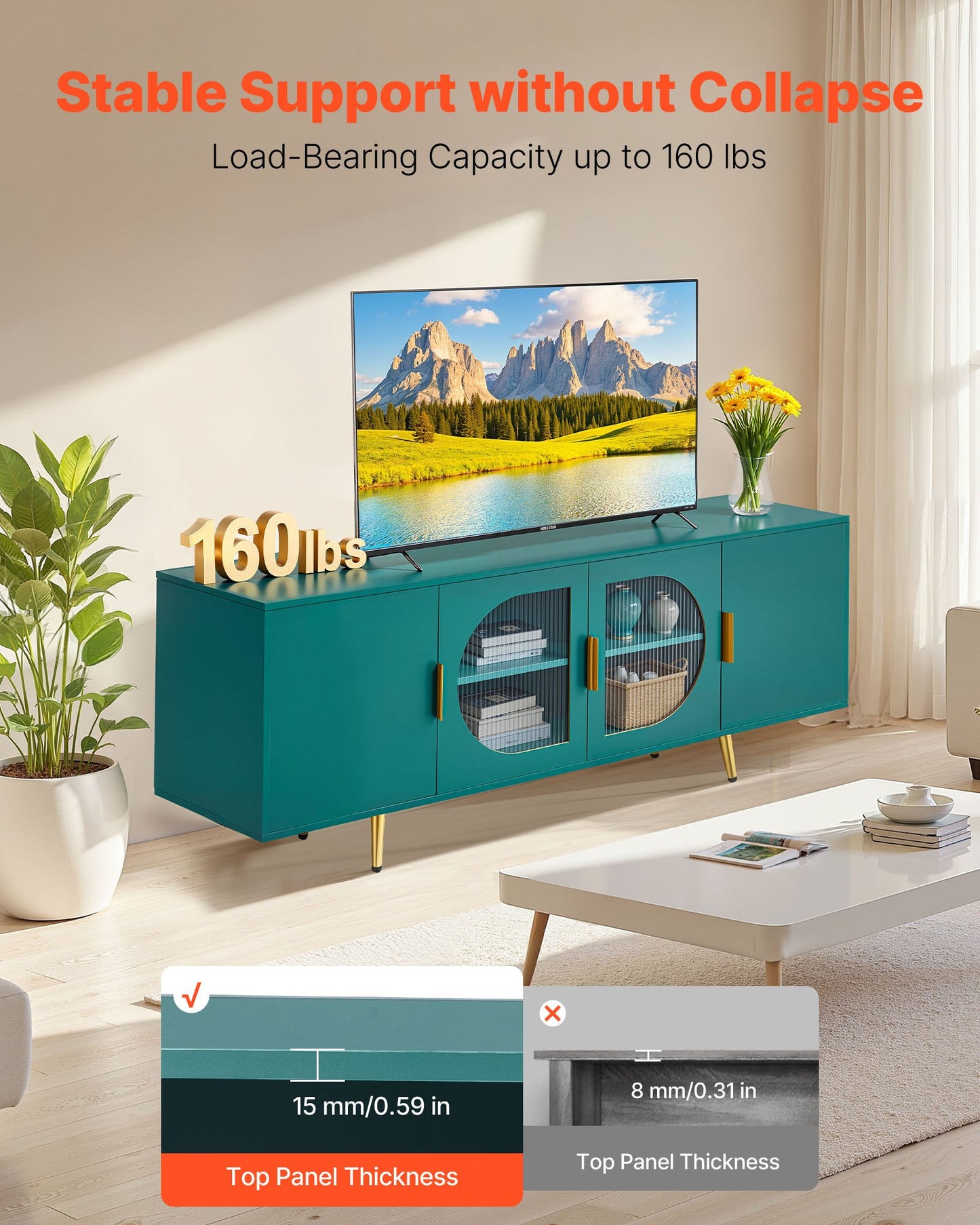TV Stand for TVs up to 75 inch, Modern Entertainment Center with Glass Doors and Gold Legs, TV Cabinet Storage with Adjustable Shelves, Media Console Table for Living Room and Bedroom, Green