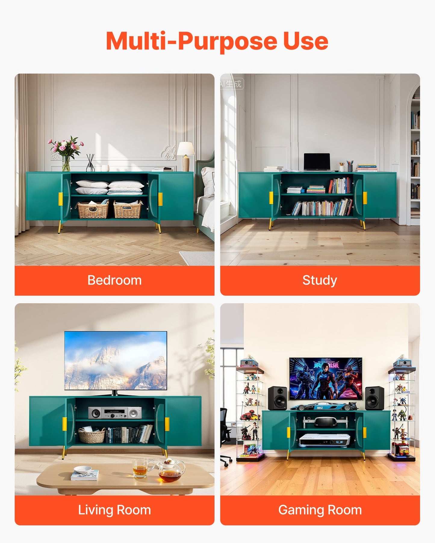 TV Stand for TVs up to 75 inch, Modern Entertainment Center with Glass Doors and Gold Legs, TV Cabinet Storage with Adjustable Shelves, Media Console Table for Living Room and Bedroom, Green