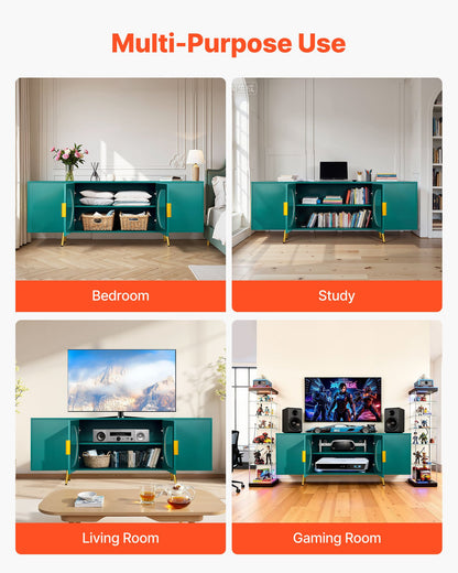 TV Stand for TVs up to 75 inch, Modern Entertainment Center with Glass Doors and Gold Legs, TV Cabinet Storage with Adjustable Shelves, Media Console Table for Living Room and Bedroom, Green