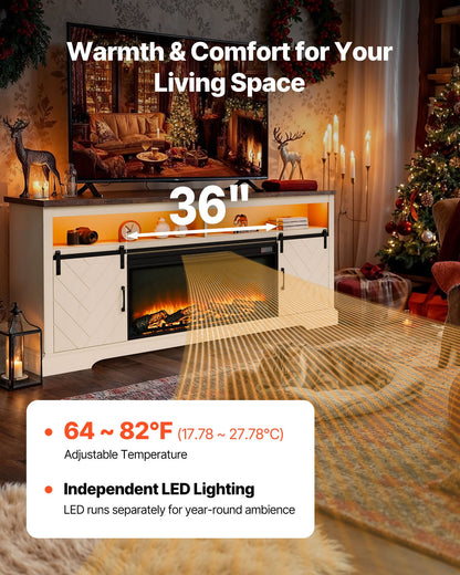 Fireplace TV Stand, Farmhouse Fireplace TV Stand for TVs up to 80 inch, Farmhouse Entertainment Center with 36 inch Fireplace & LED Lights, Electric Fireplaces for Living Room Bedroom, White