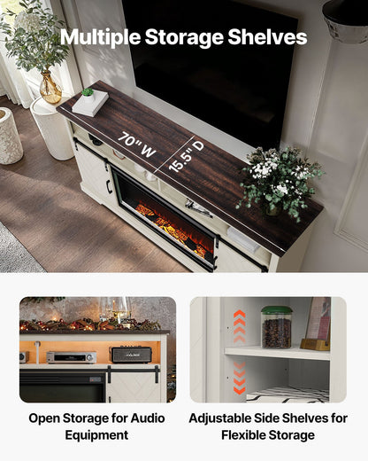 Fireplace TV Stand, Farmhouse Fireplace TV Stand for TVs up to 80 inch, Farmhouse Entertainment Center with 36 inch Fireplace & LED Lights, Electric Fireplaces for Living Room Bedroom, White