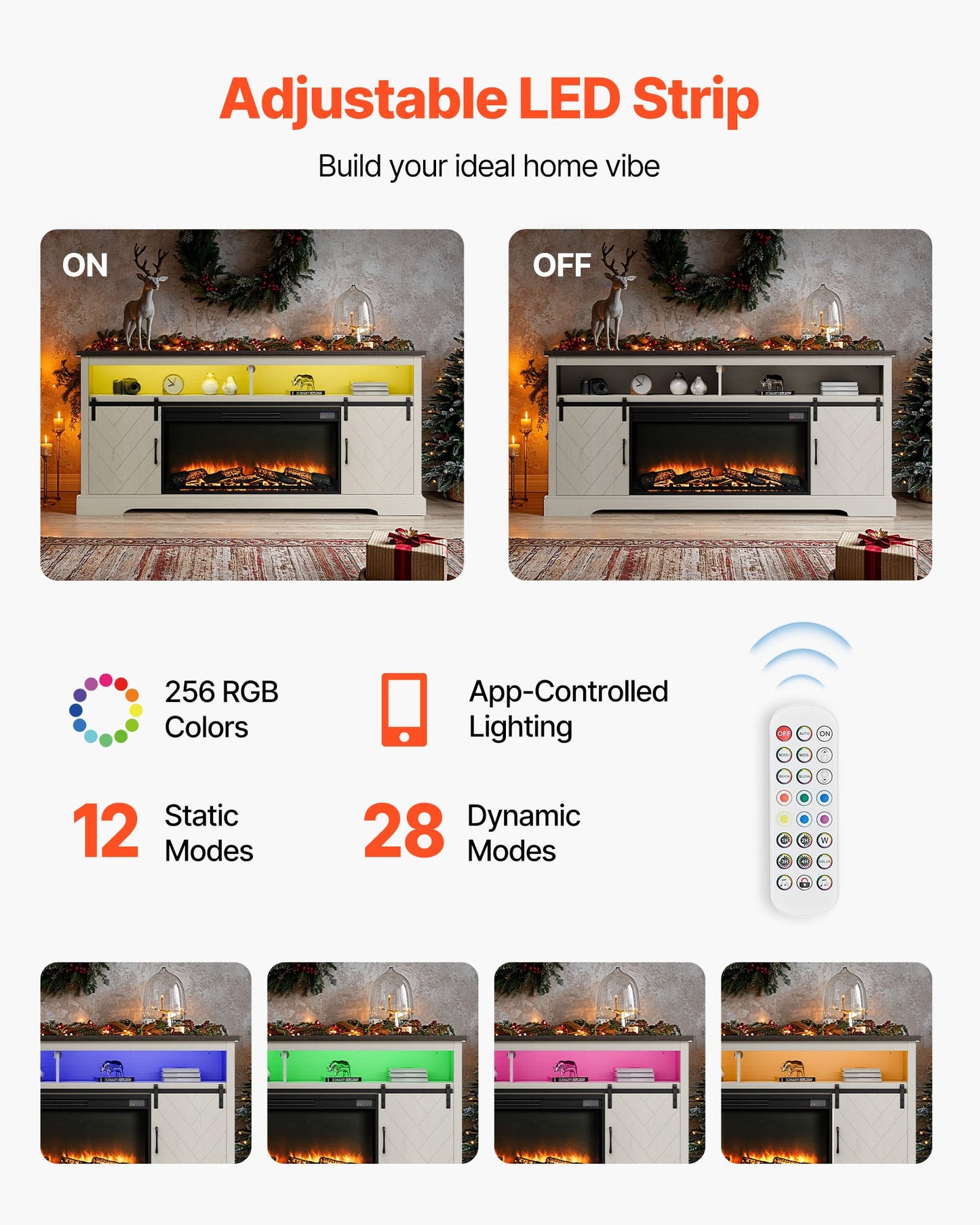 Fireplace TV Stand, Farmhouse Fireplace TV Stand for TVs up to 80 inch, Farmhouse Entertainment Center with 36 inch Fireplace & LED Lights, Electric Fireplaces for Living Room Bedroom, White