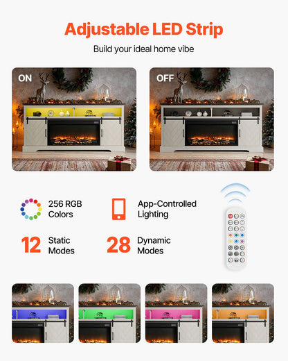 Fireplace TV Stand, Farmhouse Fireplace TV Stand for TVs up to 80 inch, Farmhouse Entertainment Center with 36 inch Fireplace & LED Lights, Electric Fireplaces for Living Room Bedroom, White