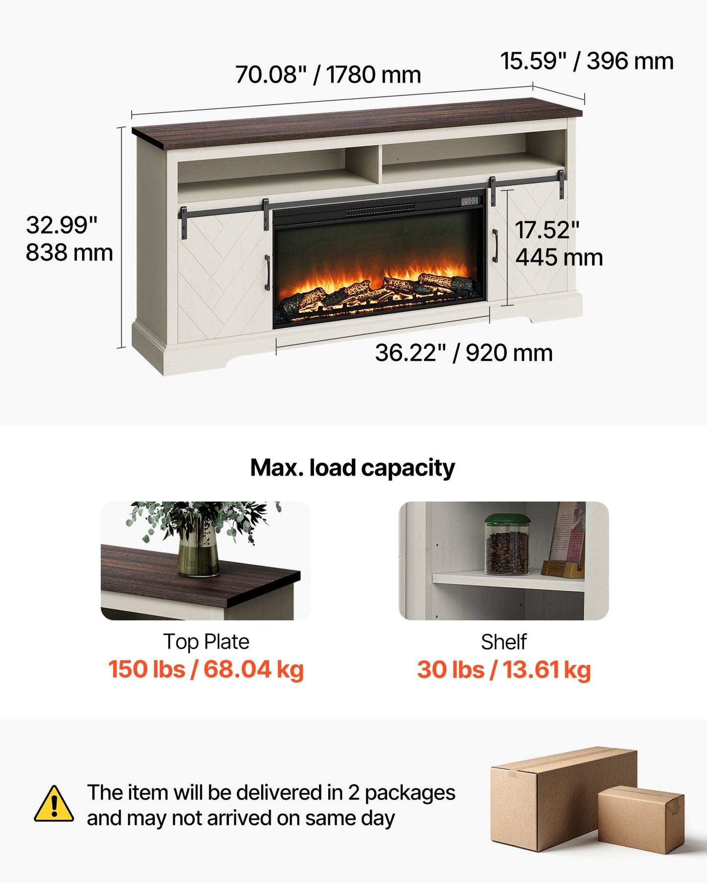 Fireplace TV Stand, Farmhouse Fireplace TV Stand for TVs up to 80 inch, Farmhouse Entertainment Center with 36 inch Fireplace & LED Lights, Electric Fireplaces for Living Room Bedroom, White
