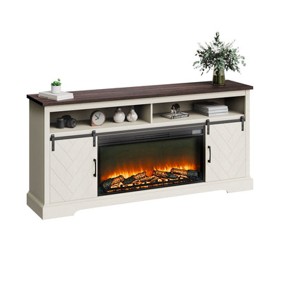 Fireplace TV Stand, Farmhouse Fireplace TV Stand for TVs up to 80 inch, Farmhouse Entertainment Center with 36 inch Fireplace & LED Lights, Electric Fireplaces for Living Room Bedroom, White