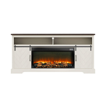 Fireplace TV Stand, Farmhouse Fireplace TV Stand for TVs up to 80 inch, Farmhouse Entertainment Center with 36 inch Fireplace & LED Lights, Electric Fireplaces for Living Room Bedroom, White