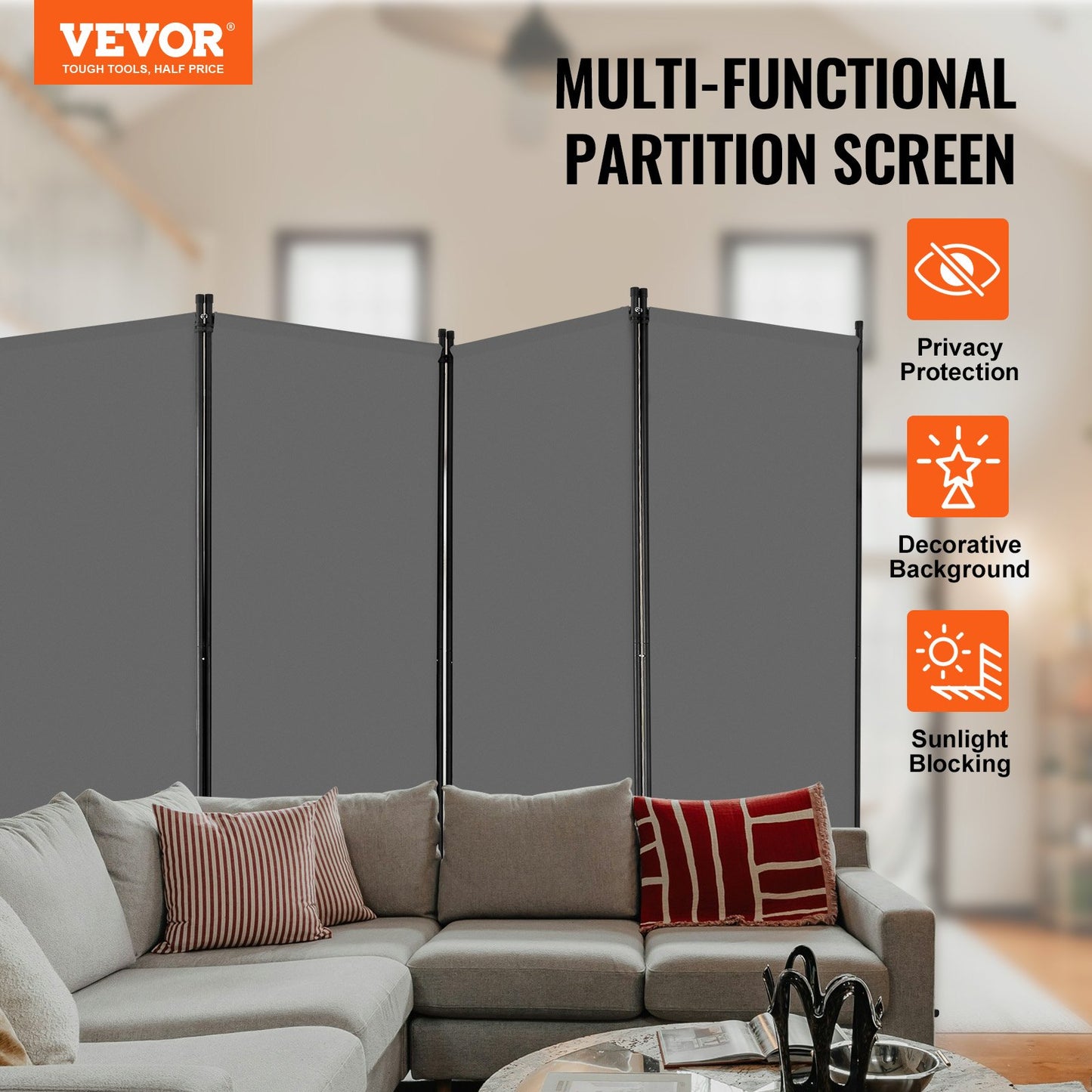 Room Divider 4 Panels Fabric Room Privacy Screen for Office Bedroom Gray