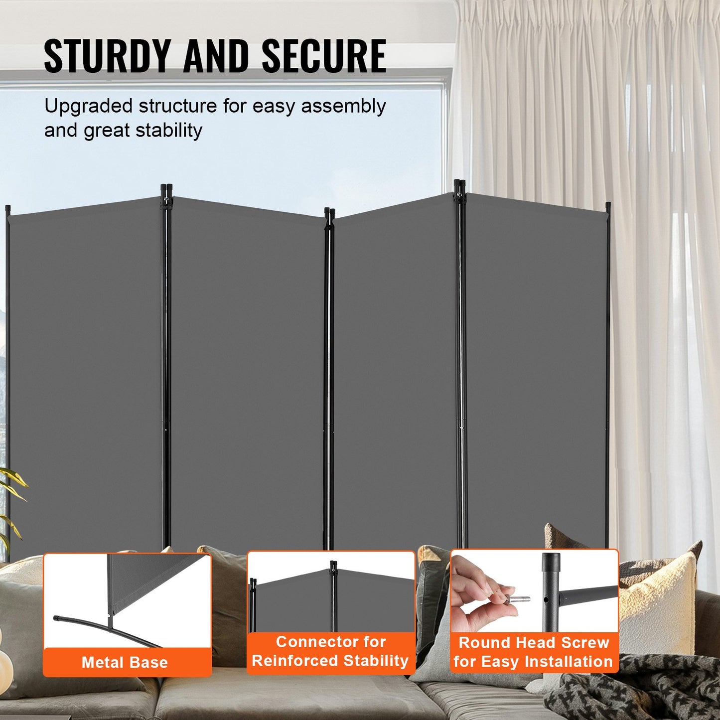 Room Divider 4 Panels Fabric Room Privacy Screen for Office Bedroom Gray