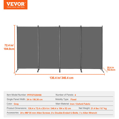 Room Divider 4 Panels Fabric Room Privacy Screen for Office Bedroom Gray