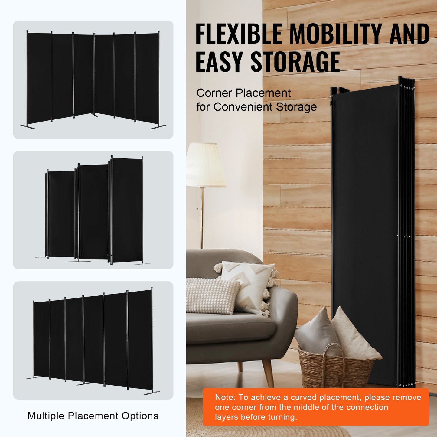 Room Divider, 6 Panel Room Divider, Folding Privacy Screen and Portable Partition Divider for Room Separation, Freestanding Room Partitions for Office, Bedroom, Study, Black