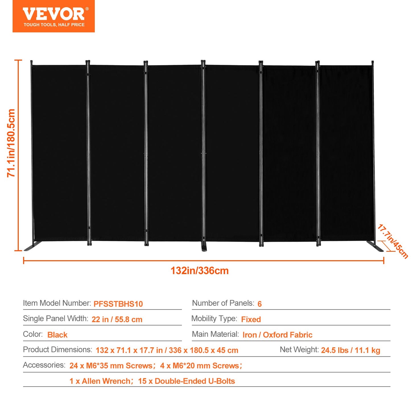 Room Divider, 6 Panel Room Divider, Folding Privacy Screen and Portable Partition Divider for Room Separation, Freestanding Room Partitions for Office, Bedroom, Study, Black