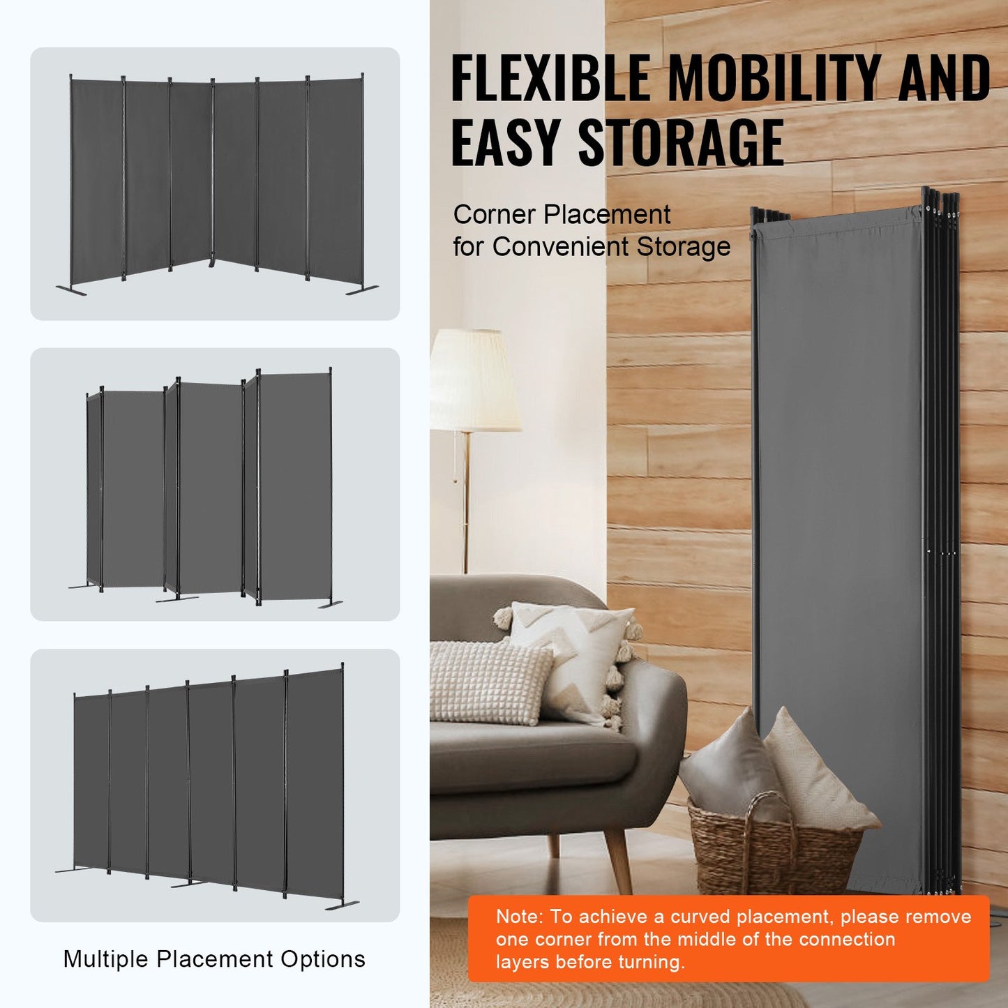 Room Divider, 6 Panel Room Divider, Folding Privacy Screen and Portable Partition Divider for Room Separation, Freestanding Room Partitions for Office, Bedroom, Study, Grey