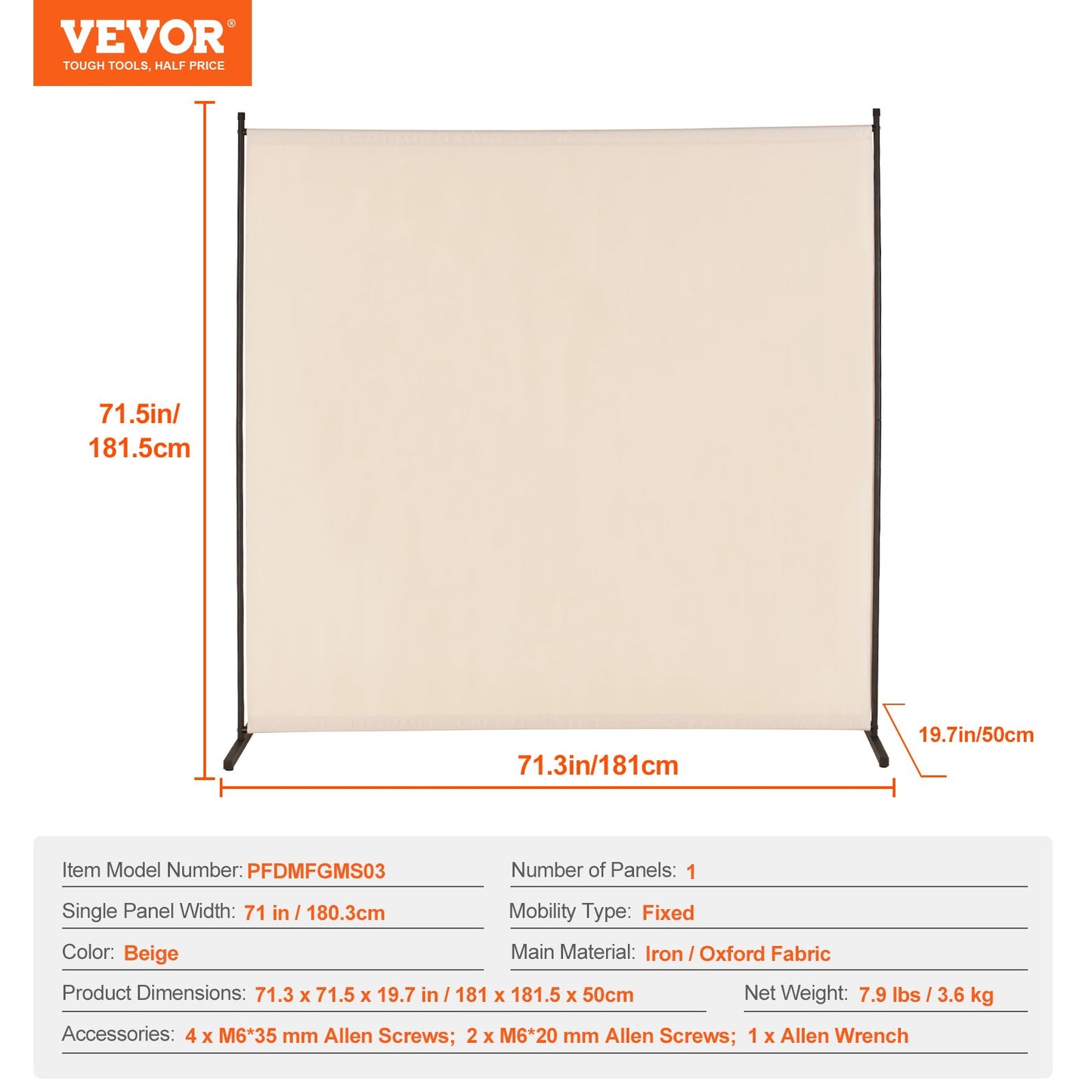 6FT Room Divider Single Panel Fabric Room Screen for Office Bedroom Beige
