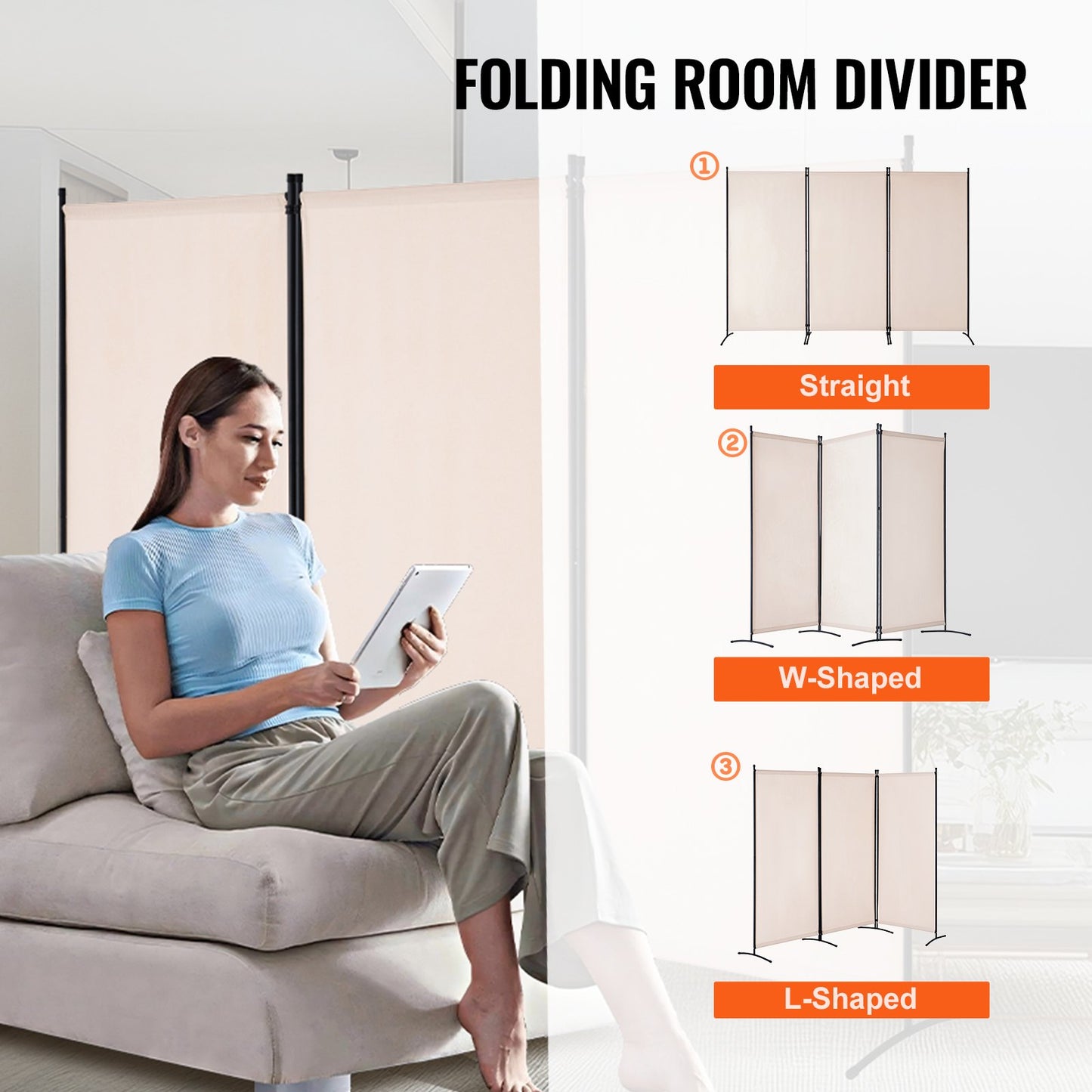 Room Divider, 3 Panel Room Divider, Folding Privacy Screen and Portable Partition Divider for Room Separation, Freestanding Room Partitions for Office, Bedroom, Study, Beige