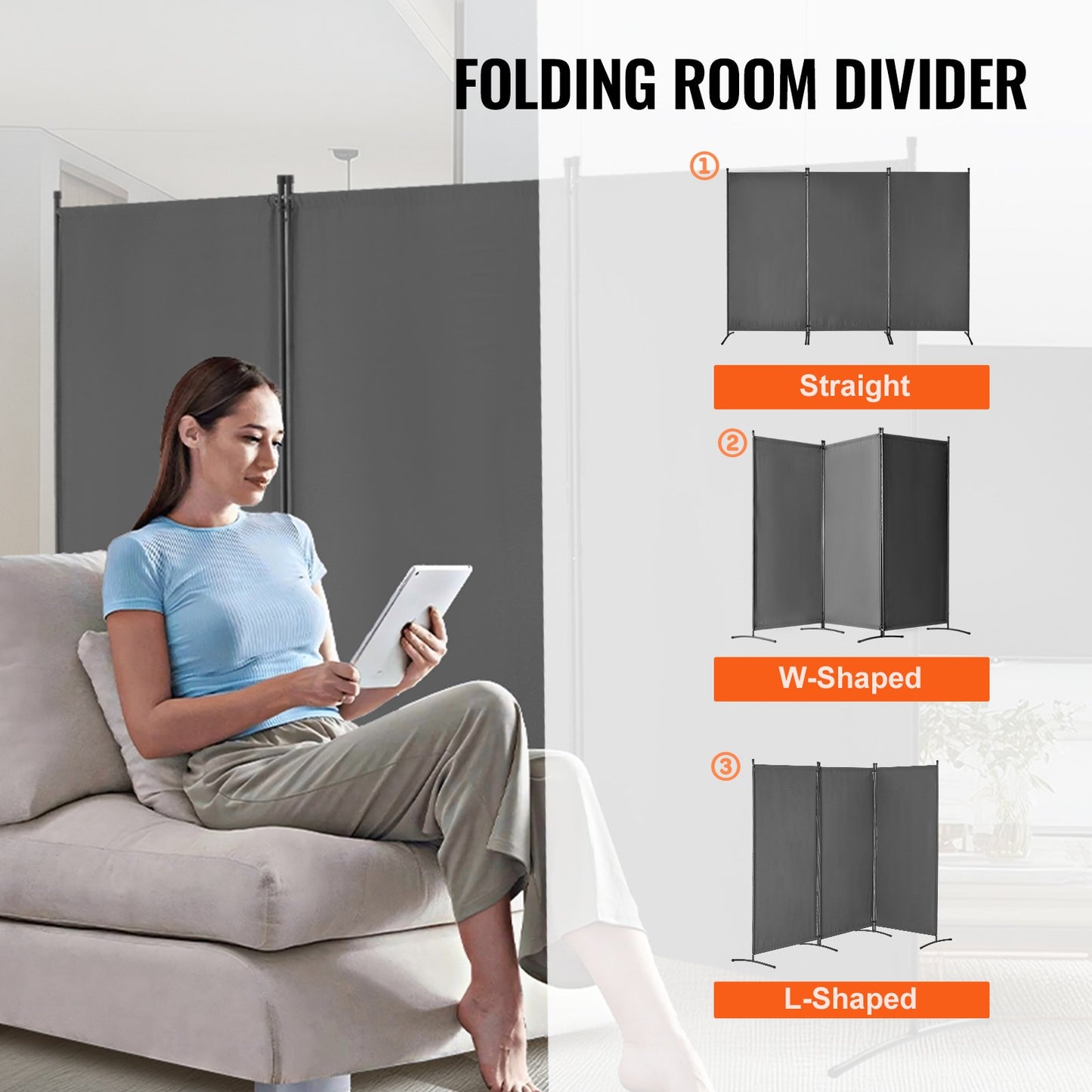 Room Divider, 3 Panel Room Divider, Folding Privacy Screen and Portable Partition Divider for Room Separation, Freestanding Room Partitions for Office, Bedroom, Study, Grey