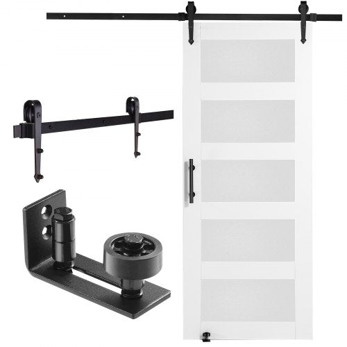 Barn Door and Hardware Kit, 32" x 84" Wood and Glass Sliding Barn Door, Smoothly and Quietly, Barn Door Kit with 8-in-1 Floor Guide and Door Handle, Spruce Wood Slab and Frosted Glass