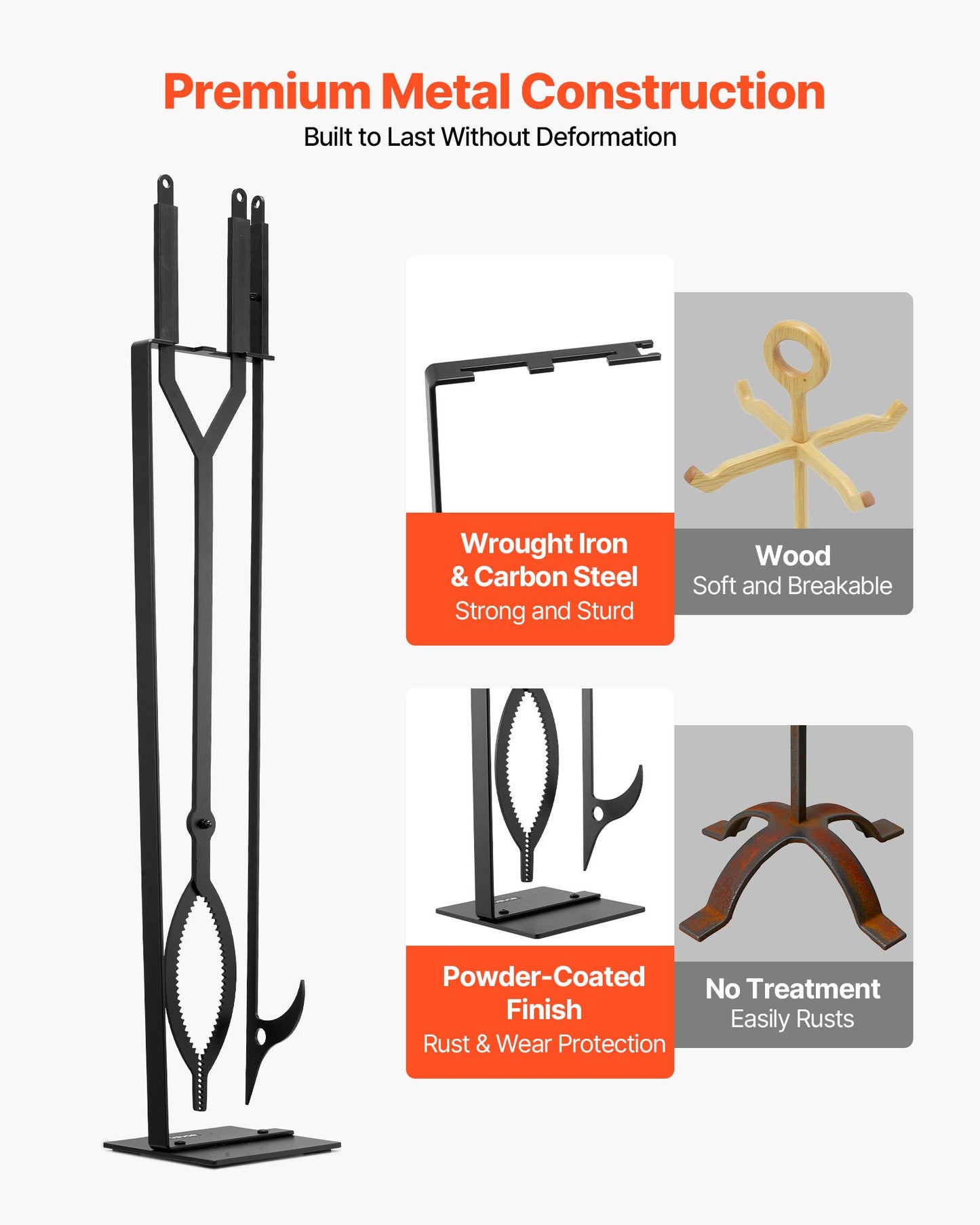 Fireplace Tool Set, 3 PCS Fire Tool Set and Holder with Stand, Tongs, Fire Place Poker, Wrought Iron Fireplace Accessories for Campfire Backyard Bonfire Indoor/Outdoor, Black
