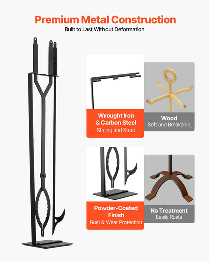 Fireplace Tool Set, 3 PCS Fire Tool Set and Holder with Stand, Tongs, Fire Place Poker, Wrought Iron Fireplace Accessories for Campfire Backyard Bonfire Indoor/Outdoor, Black
