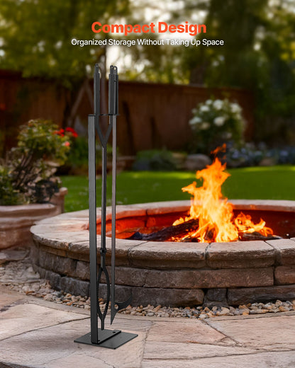 Fireplace Tool Set, 3 PCS Fire Tool Set and Holder with Stand, Tongs, Fire Place Poker, Wrought Iron Fireplace Accessories for Campfire Backyard Bonfire Indoor/Outdoor, Black