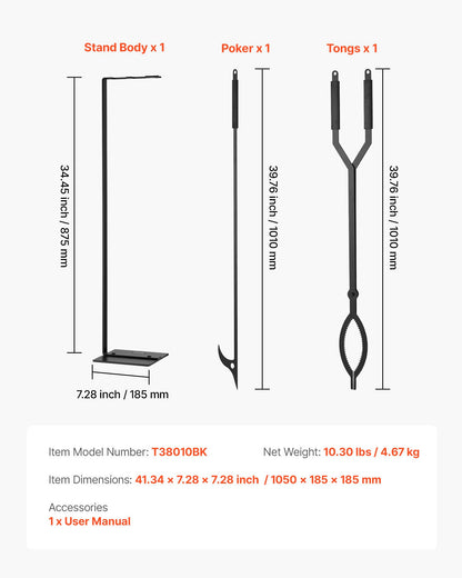 Fireplace Tool Set, 3 PCS Fire Tool Set and Holder with Stand, Tongs, Fire Place Poker, Wrought Iron Fireplace Accessories for Campfire Backyard Bonfire Indoor/Outdoor, Black