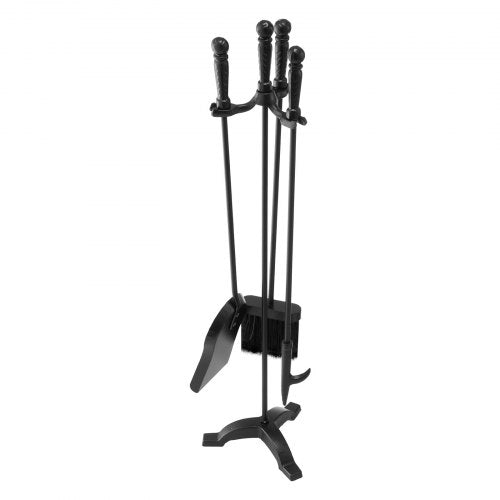 Fireplace Tool Set, 4 PCS Fire Tool Set and Holder with Three-Prong Stand, Ash Shovel, Brush, Fire Place Poker, Wrought Iron Fireplace Accessories for Campfire Indoor/Outdoor, Black