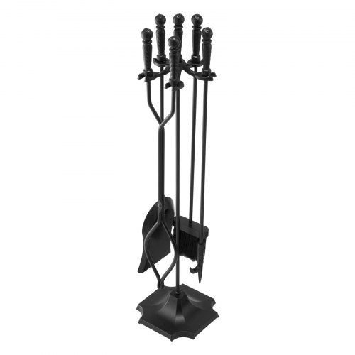 Fireplace Tool Set, 5 PCS Fire Tool Set and Holder with Five-Prong Stand, Tongs, Ash Shovel, Brush, Fire Place Poker, Wrought Iron Fireplace Accessories for Campfire Indoor/Outdoor, Black