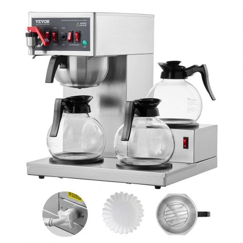 12 Cups Commercial Drip Coffee Maker, Coffee Maker Machine with 3 Glass Carafes and 3 Warmer Plates, Stainless Steel Pour Over Coffee Brewer for Restaurant, Office, Cafe