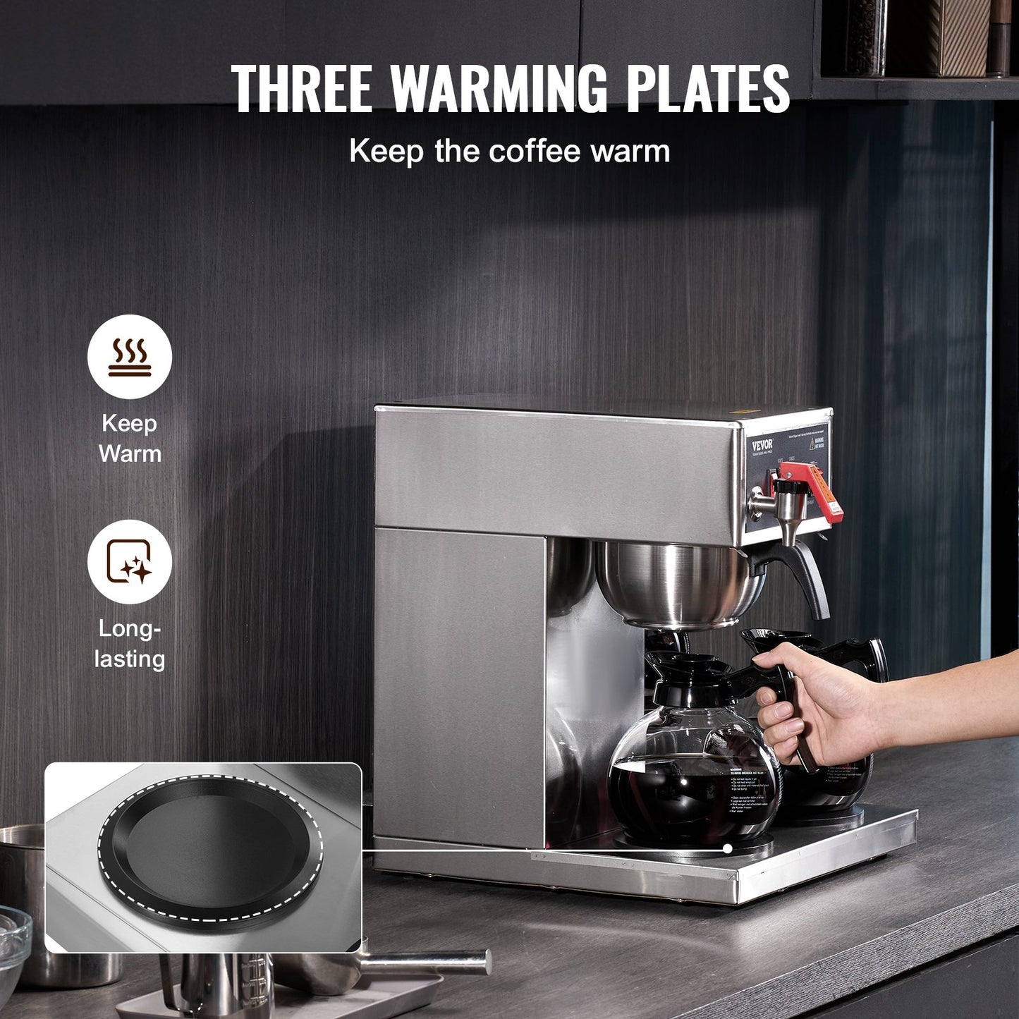 12 Cups Commercial Drip Coffee Maker, Coffee Maker Machine with 3 Glass Carafes and 3 Warmer Plates, Stainless Steel Pour Over Coffee Brewer for Restaurant, Office, Cafe