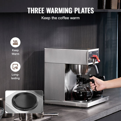 12 Cups Commercial Drip Coffee Maker, Coffee Maker Machine with 3 Glass Carafes and 3 Warmer Plates, Stainless Steel Pour Over Coffee Brewer for Restaurant, Office, Cafe