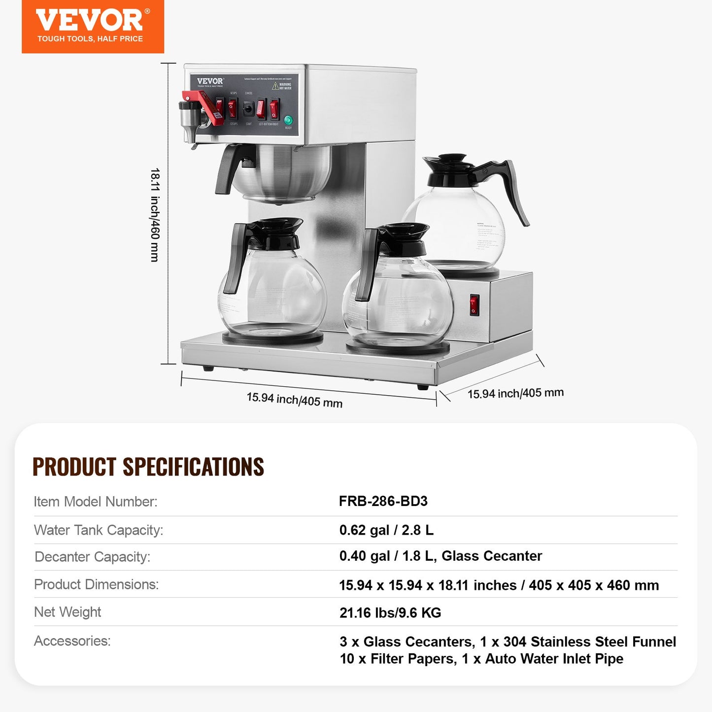 12 Cups Commercial Drip Coffee Maker, Coffee Maker Machine with 3 Glass Carafes and 3 Warmer Plates, Stainless Steel Pour Over Coffee Brewer for Restaurant, Office, Cafe