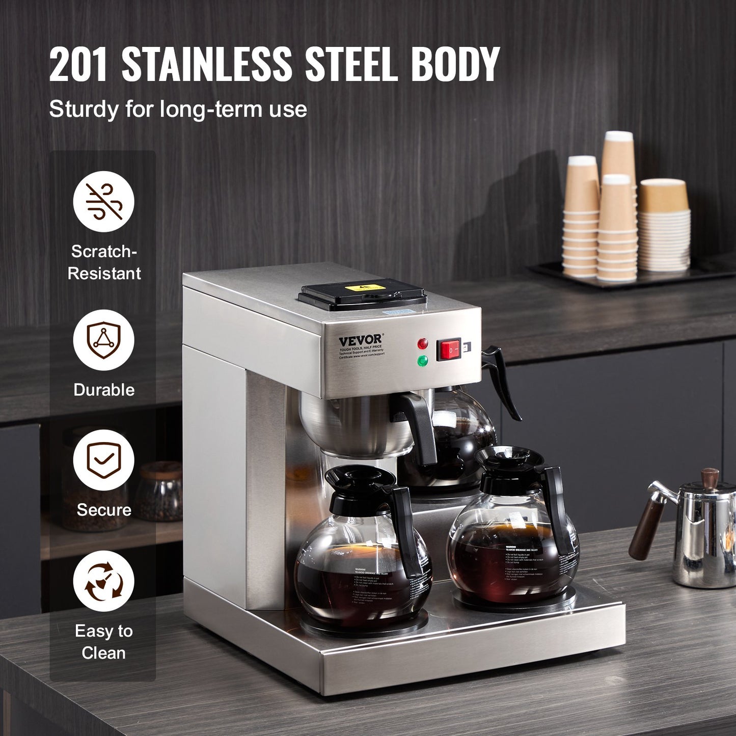 12 Cups Commercial Drip Coffee Maker, Coffee Maker Machine with 3 Glass Carafes and 3 Warmer Plates, Stainless Steel Pour Over Coffee Brewer with Auto Water Intake, for Restaurant Office Cafe