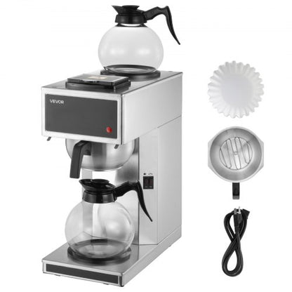Commercial Drip Coffee Maker, 12 Cups Coffee-Maker Machine with 2 Glass Carafes and 2 Decanter Warmer Plates, Stainless Steel Drip Style Coffee Brewer, for Restaurant, Office, Coffee Shop & Home