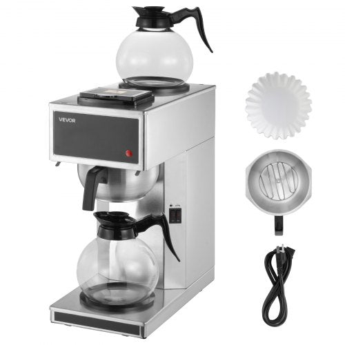 Commercial Drip Coffee Maker, 12 Cups Coffee-Maker Machine with 2 Glass Carafes and 2 Decanter Warmer Plates, Stainless Steel Drip Style Coffee Brewer, for Restaurant, Office, Coffee Shop & Home