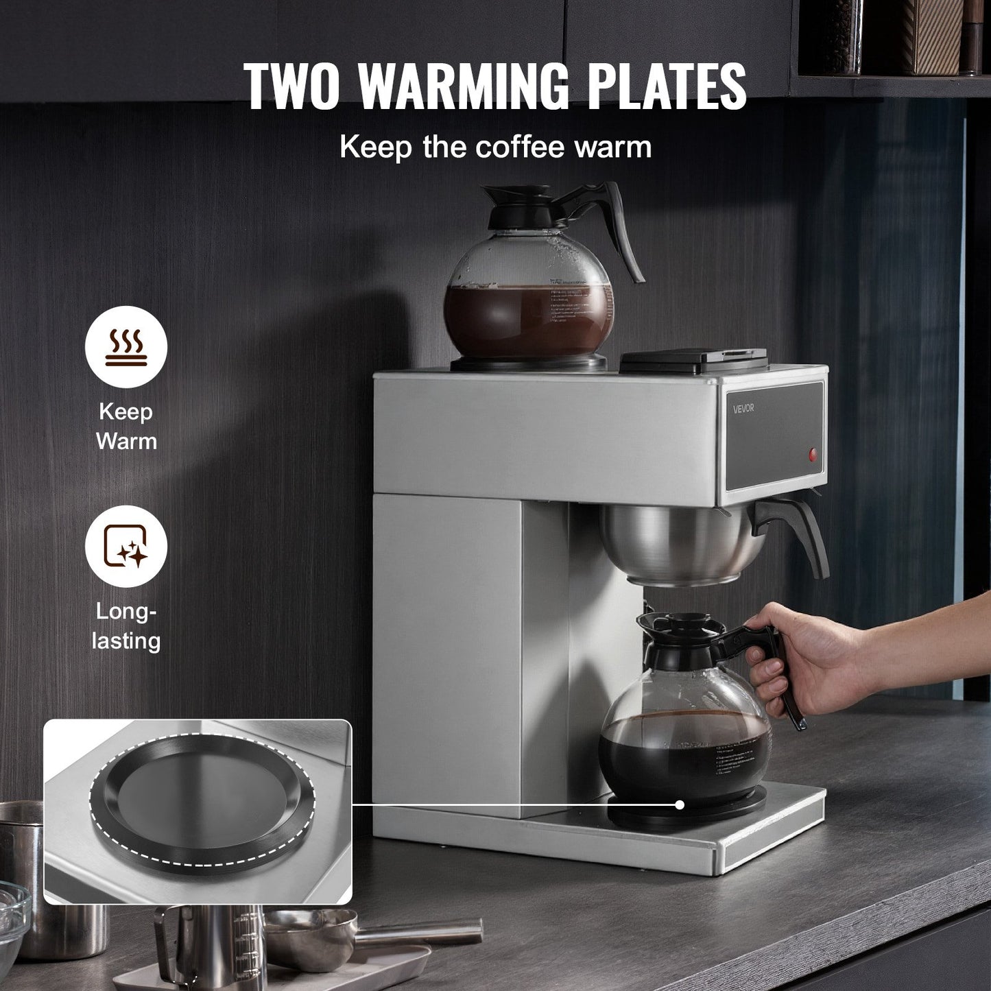 Commercial Drip Coffee Maker, 12 Cups Coffee-Maker Machine with 2 Glass Carafes and 2 Decanter Warmer Plates, Stainless Steel Drip Style Coffee Brewer, for Restaurant, Office, Coffee Shop & Home