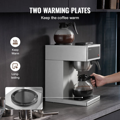 Commercial Drip Coffee Maker, 12 Cups Coffee-Maker Machine with 2 Glass Carafes and 2 Decanter Warmer Plates, Stainless Steel Drip Style Coffee Brewer, for Restaurant, Office, Coffee Shop & Home