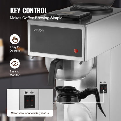 Commercial Drip Coffee Maker, 12 Cups Coffee-Maker Machine with 2 Glass Carafes and 2 Decanter Warmer Plates, Stainless Steel Drip Style Coffee Brewer, for Restaurant, Office, Coffee Shop & Home